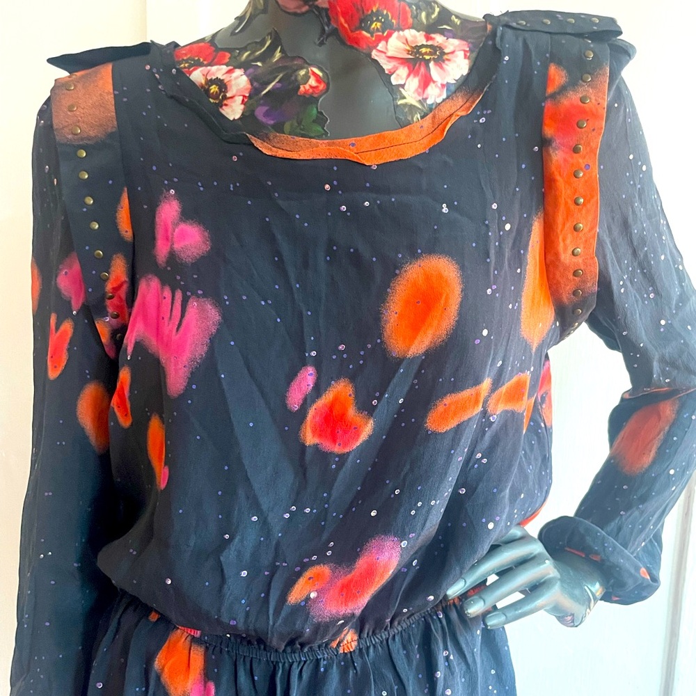 Anna Sui vintage silk mini dress celestial large, lined. Fits small-Lrg